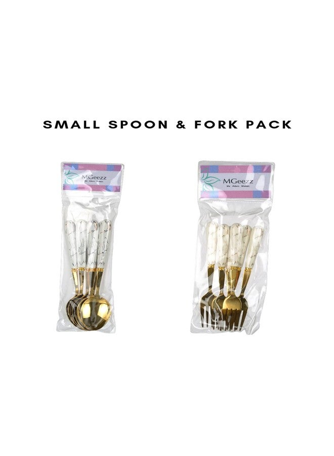 MGeezz Golden Stainless Steel Spoons & Forks Set Kitchen Restaurant Cutlery Dinner Table Bouillon Oval Edge with Ceramic Handle Tableware Fork (Golden 6 Small Forks - 14.5cm)(6 Small Spoon - 15 Cm) - Image 4